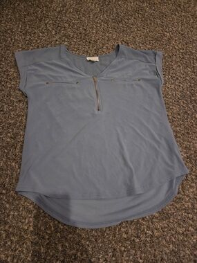 Workshop Republic Clothing Light Blue Short-Sleeve Zip Front Blouse